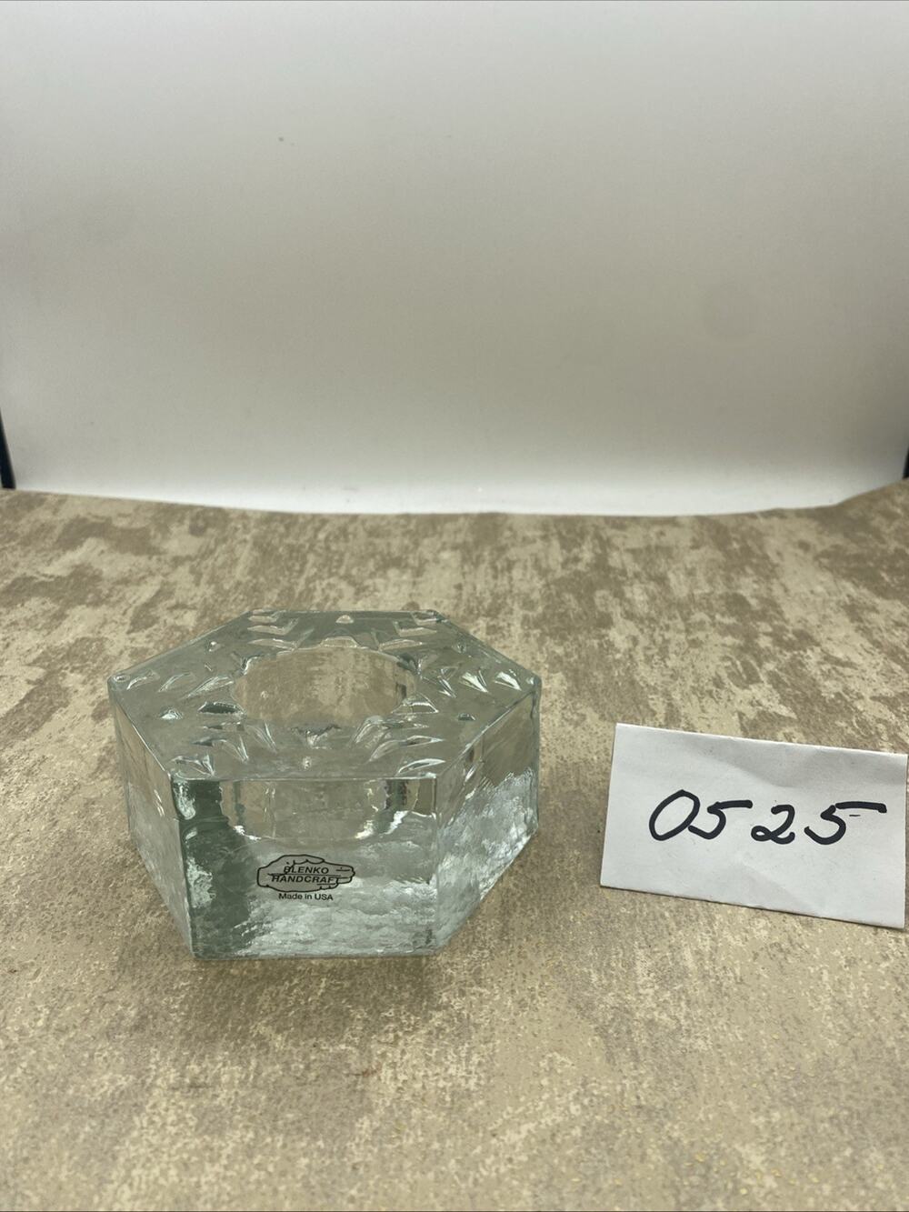 Blenko Clear Glass Candle Holder-Hexagon Shaped-bottom Etched Blenko 2017